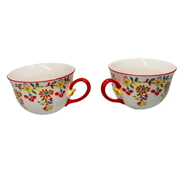 ANTHROPOLOGIE Cadiz Coffee Tea Cup Mug Painted Floral Design 3D Flower Red Set - Picture 3 of 16